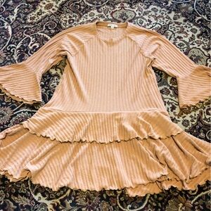 Charmed Hearts Ribbed Knit dress  in Tan